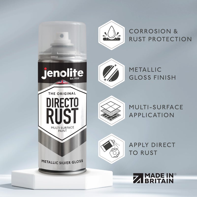 JENOLITE طلاء بخاخ JENOLITE Directorust للمعادن - فضي - لمسة نهائية معدنية لامعة للاستخدام الداخلي والخارجي - أسطح متعددة للمعادن والبلاستيك والسيراميك والخشب والأسطح الصدئة - 400 مل (13.52 أونصة سائلة) - Image 2